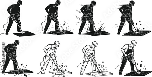 Construction workers, jackhammer operation, safety gear, industrial tools, concrete breaking, worksite action, protective clothing, labor force, demolition scene, power equipment