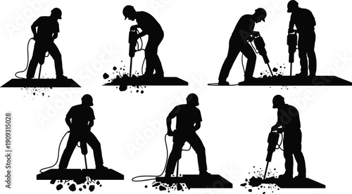 Construction workers, jackhammer silhouettes, industrial labor, concrete breaking, safety gear, power tools, demolition action, manual work, infrastructure site, debris impact