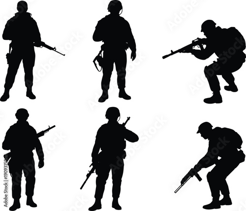Military soldier silhouettes set, army infantry with rifles, special forces combat troops, black vector illustration collection isolated on white background.
