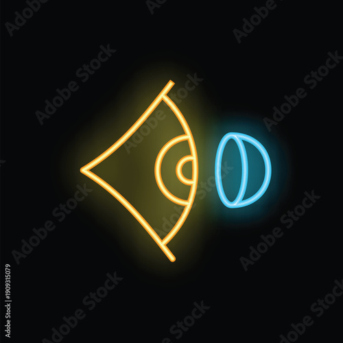 Neon icon of the anatomy of a human eye focusing light through the lens and cornea onto the retina