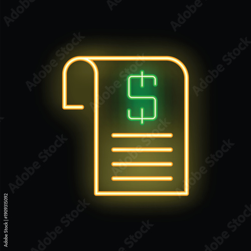 Bright neon icon of a bill with a dollar sign glowing on a black background