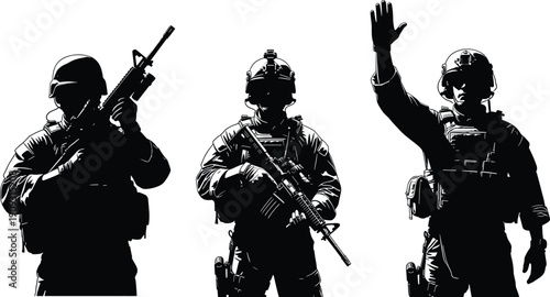 Armed military soldier silhouettes in tactical gear and combat poses, representing defense, security forces, special operations, teamwork, authority, and modern warfare concept