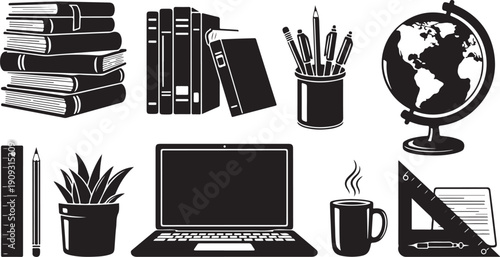 Black and white illustration of office and school supplies