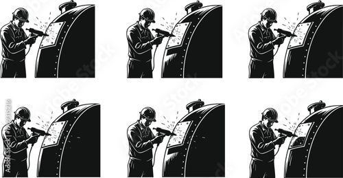 Industrial welder, welding sparks, protective gear, metalwork, factory worker, cylindrical tank, skilled labor, black and white, engineering, manufacturing process