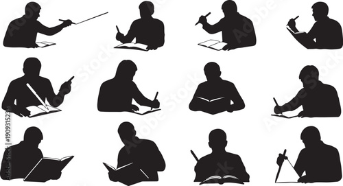 Silhouettes of people reading and writing in various positions