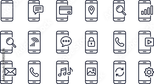 Mobile Phone Applications and Interface Line Icons Set, Including Messaging, Payment, Location, Search, Security, Multimedia, and Settings Symbols, Flat Vector Illustration