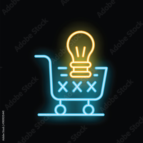 Neon shopping cart with a light bulb inside, representing the concept of innovative ideas in e commerce and online shopping