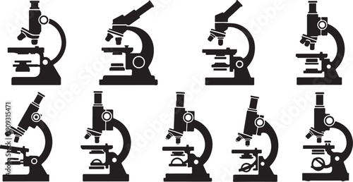 Microscopes in various positions and angles illustration set