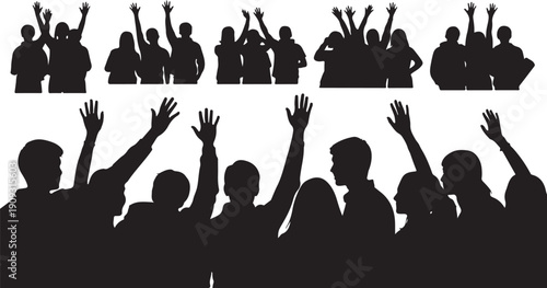 Silhouettes of people raising hands in agreement or celebration