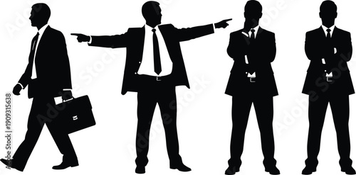 Businessman silhouettes in different standing, walking, and pointing poses, representing leadership, decision making, direction, authority, teamwork, and corporate management concept