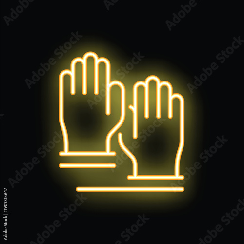 Neon glowing icon of hands with gloves, concept of cleaning service or medical care