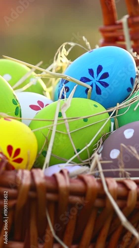 Easter eggs on green spring grass with basket in sunlight. Vertical