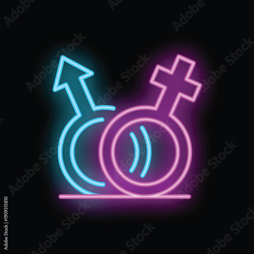 Neon sign showing the male and female symbols joined together, representing the concept of gender equality