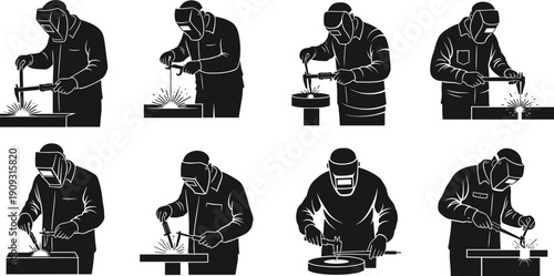 Welding worker silhouette, industrial welder with sparks, protective helmet and gloves, metal fabrication process, construction industry, manufacturing, engineering, safety equipment