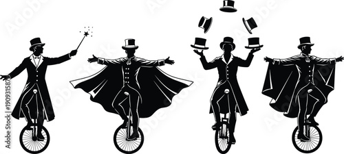 Circus magician silhouette riding a unicycle and performing tricks, symbolizing balance, entertainment, fantasy, performance art, vintage circus show, and theatrical illusion concept