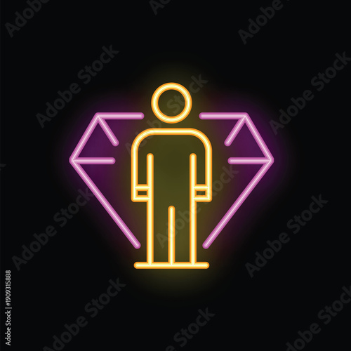 Neon sign representing the concept of being a valuable person with potential, with glowing purple diamond and yellow figure on a black background