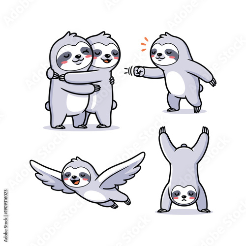 Cartoon sloth characters showing love and playfulness on white background