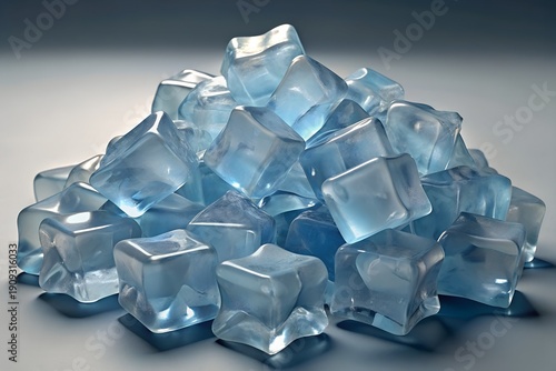 Pile of Translucent Blue Ice Cubes Isolated Cold Refreshing Background