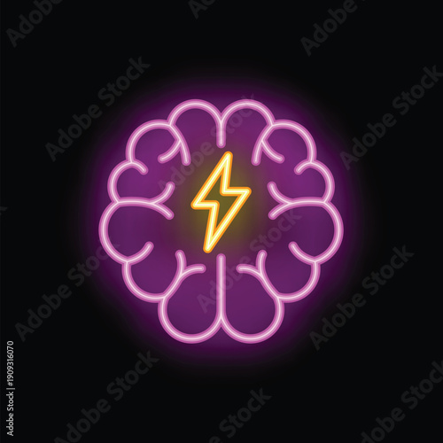 Neon sign of a brain with a lightning bolt in the center, symbolizing a sudden idea or inspiration
