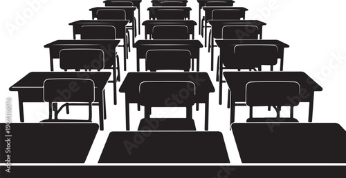 Empty classroom with rows of black desks and chairs