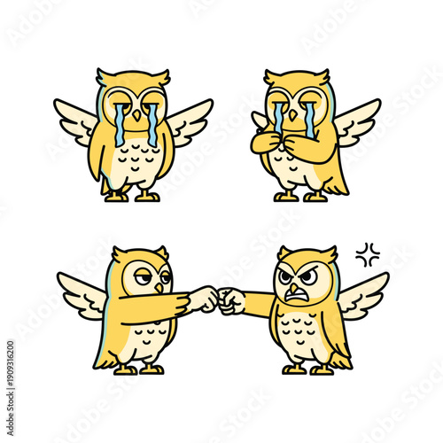 Crying owl characters showing emotional support and solidarity in a cartoon illustration with white background