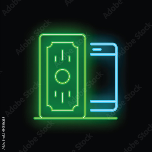 Glowing neon sign representing mobile banking with smartphone and dollar bill