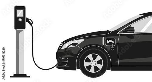 Electric vehicle charging at a station, modern EV car plugged into power supply, sustainable green energy transportation concept.