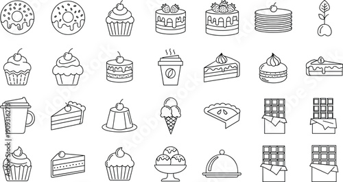 Outline Icons Set of Sweet Bakery Pastries, Desserts, Cake, Doughnut, Ice Cream, Pie, Chocolate, Cupcake, Pancake, Coffee, and Drinks for Food Menu Vector Stock Illustration