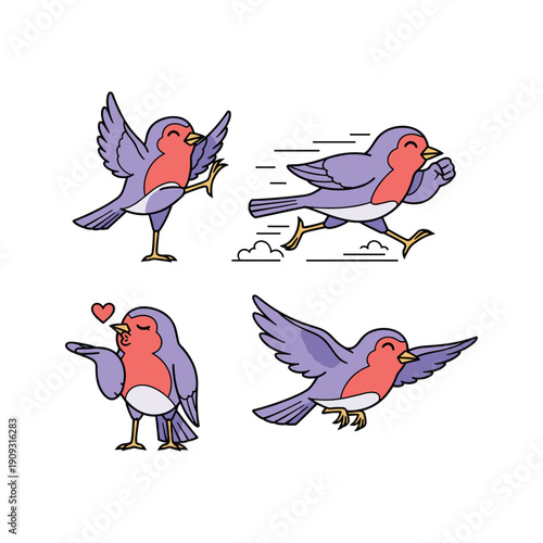 Cartoon birds in various poses with emotions on white background