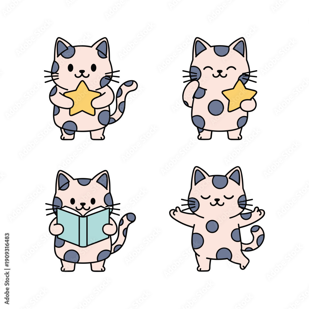 Fototapeta premium Cute cartoon cats with stars and book in various poses on white background