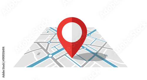 Red Map Pointer Pin on 3D Perspective City Map.