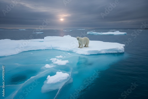 Polar Bear Standing on Melting Ice Floe – Climate Change and Global Warming Concept