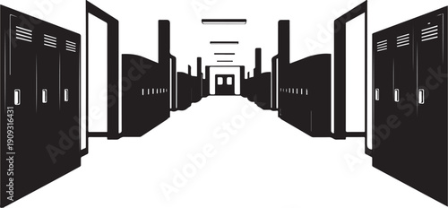 School hallway with open lockers and empty corridors illustration