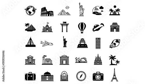 Global travel and world landmarks icon set in flat black style.