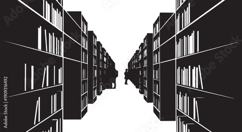 A person walking down a long library aisle alone
