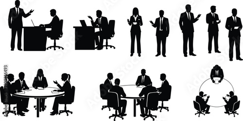 Business people silhouettes in meetings presentations teamwork collaboration office leadership corporate communication isolated black vector illustration on white background concept