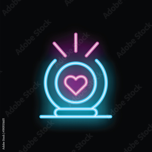 Neon illustration of a heart shining inside a crystal ball, representing finding love and spiritual connection