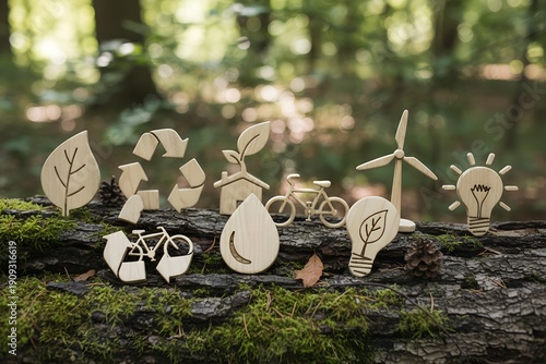 Sustainable Living Concept with Wooden Eco Icons on Forest Background