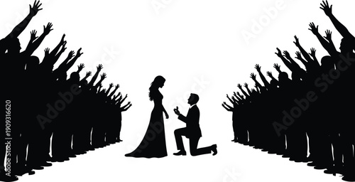 Marriage proposal silhouette with man kneeling before woman and cheering crowd, symbolizing love, commitment, romance, engagement celebration, emotional moment, and relationship milestone concept