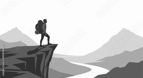 Hiker Standing on Mountain Cliff Overlooking River Valley.