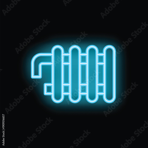 Blue neon icon of a heating radiator glowing on a black background