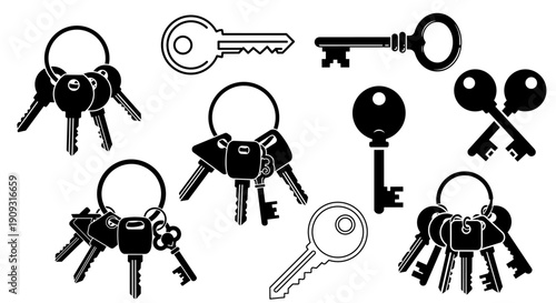 Key ring and house key icon set – security, access and locksmith vector icons