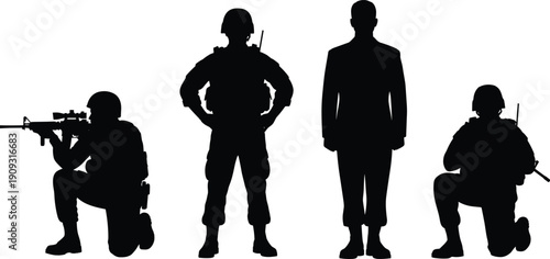 Military and civilian silhouettes standing side by side in different poses, representing authority, security, protection, leadership, conflict, and civil–military relationship concept