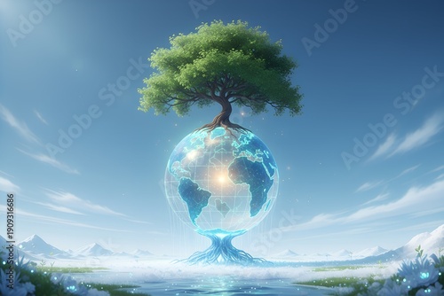 Tree Growing from Glowing Earth Globe – Sustainable Future and Environmental Protection Concept
