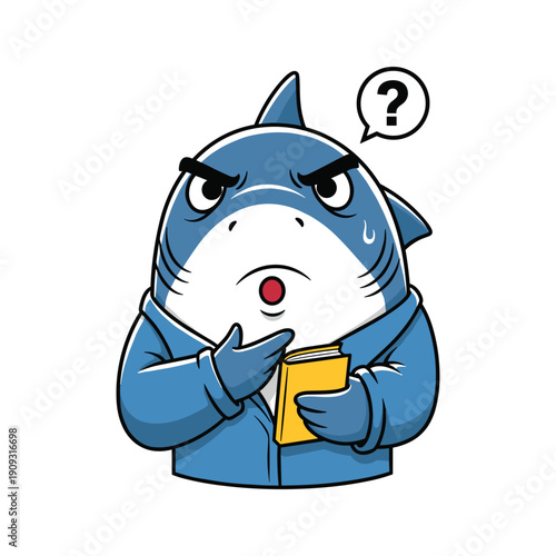 Confused cartoon shark with question mark in thought bubble holding phone in a puzzled expression