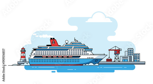 Luxury Cruise Ship at Port with Lighthouse and Cargo Crane.