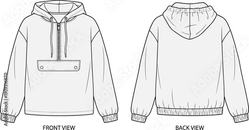 Oversized anorak hoodie technical fashion flat sketch, front and back view, half zip, flap pocket, vector illustration template for apparel design.