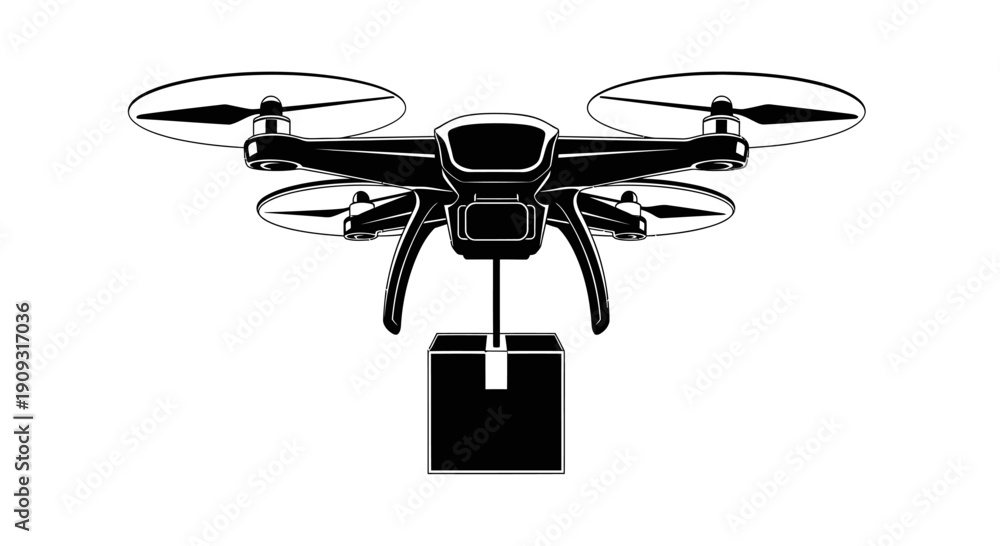 Fototapeta premium Delivery drone carrying a package box vector illustration, modern logistics and autonomous shipping technology concept.
