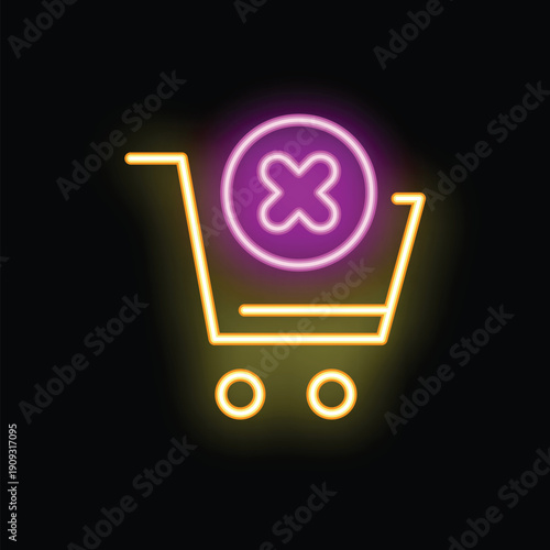 Neon shopping cart with cross sign showing unsuccessful online purchase or order cancellation concept