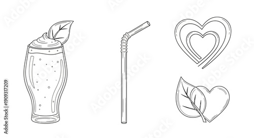 Hand-drawn smoothie, straw, and hearts with leaves illustration